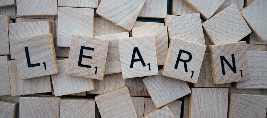 The word "LEARN" spelled out with wooden blocks.