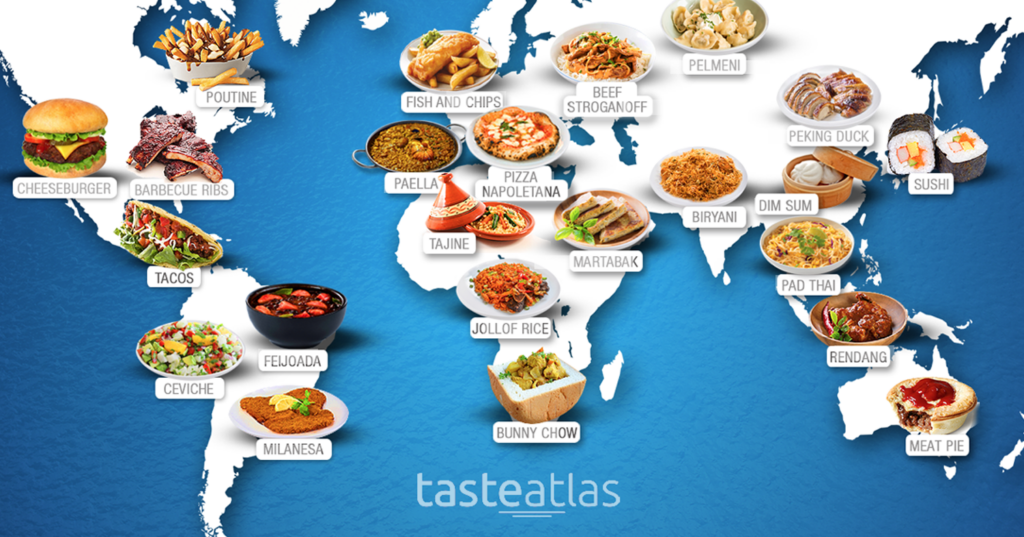 Map of the world, with foods sorted by geographical origin (i.e. sushi in Japan, burger in US, etc)